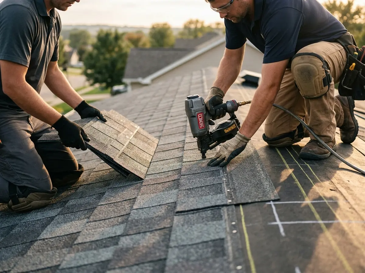 Professional roofer working on a residential roof in Laguna Woods